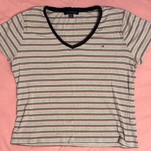 Tommy Hilfiger Women's V-Neck Striped Tee - Black, White, Red